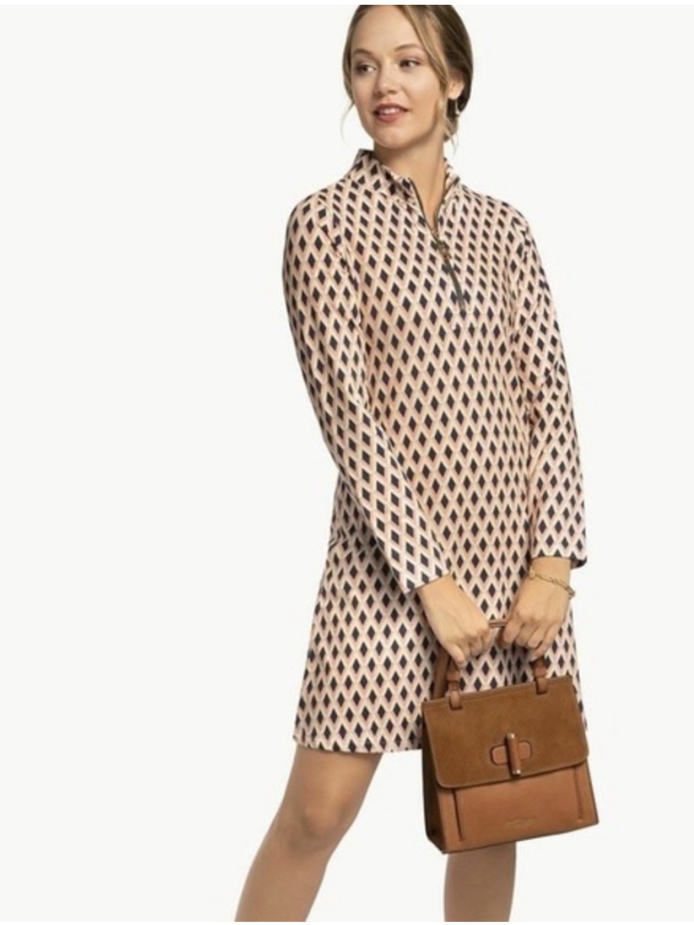 Spartina 449 Nora 1/2 zip 3/4 sleeve pink gray geometric print dress preppy